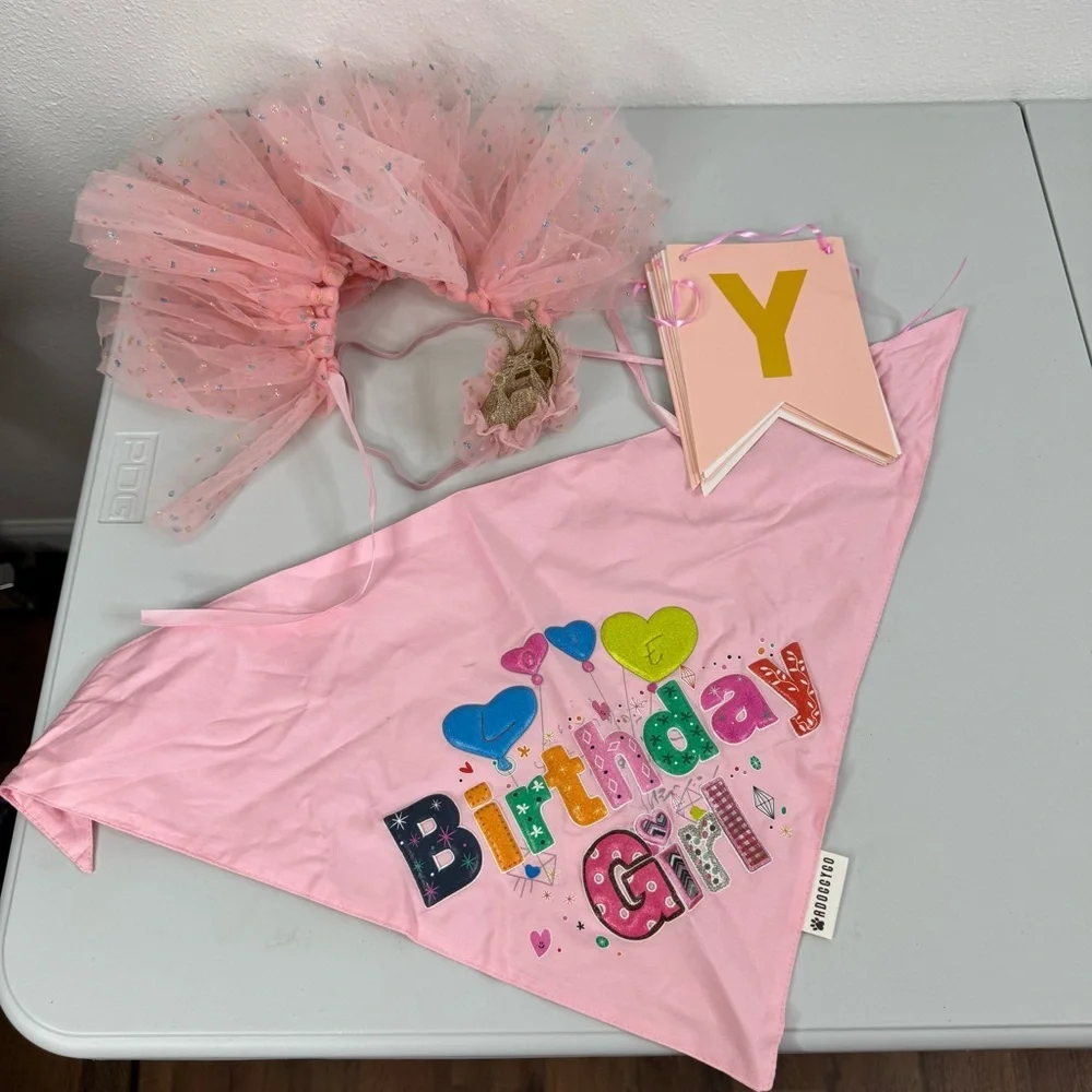 ADOGGYGO Pink Happy Birthday Dog Set Bandana Tutu Bow‎ Tie